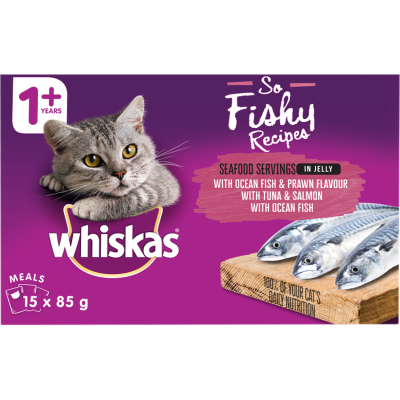 Whiskas So Fishy Recipes Seafood Servings In Jelly Wet Cat Food Pouches 15pk