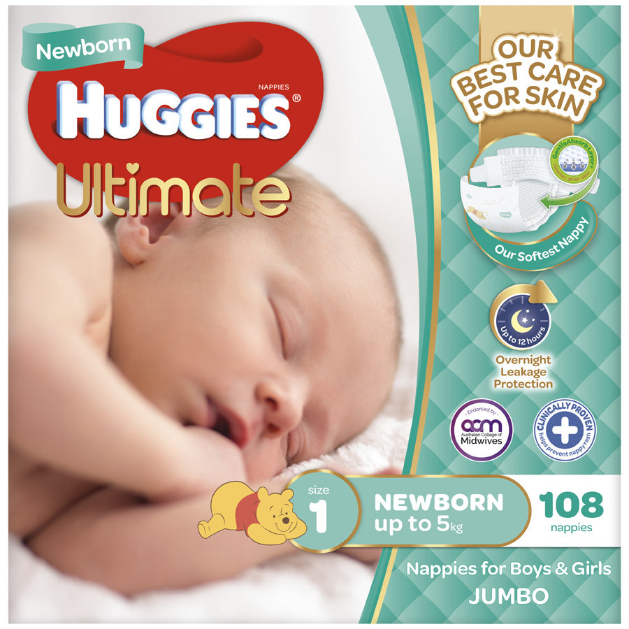 Huggies Ultimate Newborn Nappies Up To 5kg Size 1 jumbo pack 108pk