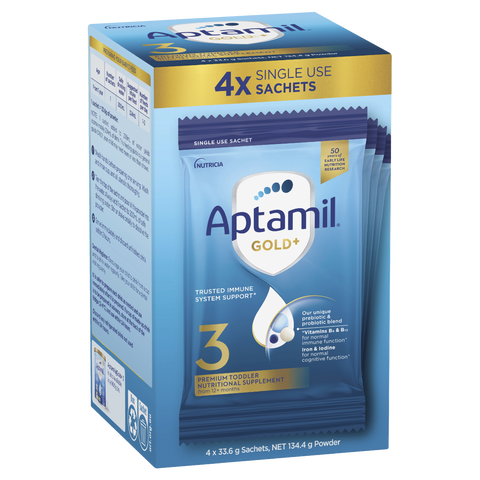 aptamil gold+ 3 toddler milk drink powder sachets from 1 year 4pk