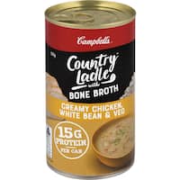 campbells country ladle with bone broth canned soup creamy chicken, bean & veg 505g