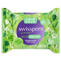 swisspers eco aloe vera biodegradable facial wipes twin pack 2 x 25 wipes