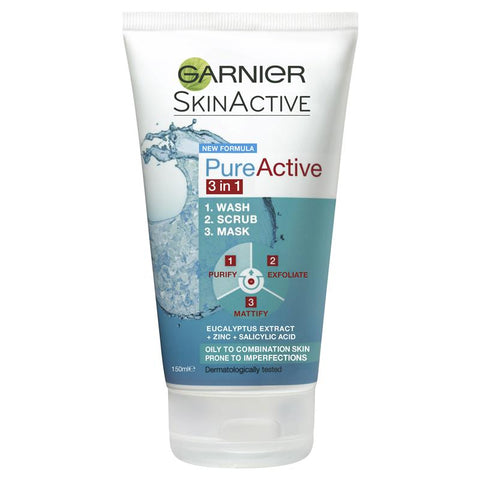 garnier skinactive pure active 3 in 1 wash, scrub & mask 150ml
