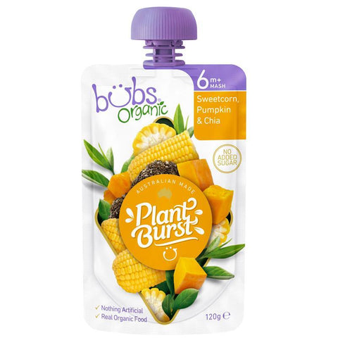 bubs organic sweetcorn pumpkin & chia 6 months+ 120g