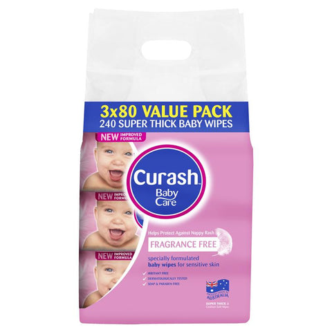 Curash Fragrance Free Baby Wipes 3 x 80 Value Pack