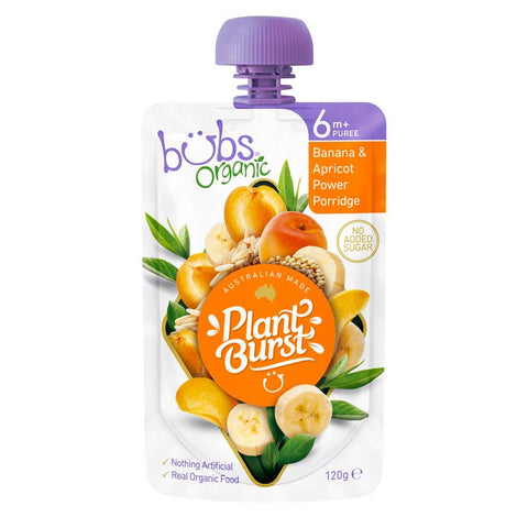 bubs organic banana & apricot power porridge 6 months+ 120g