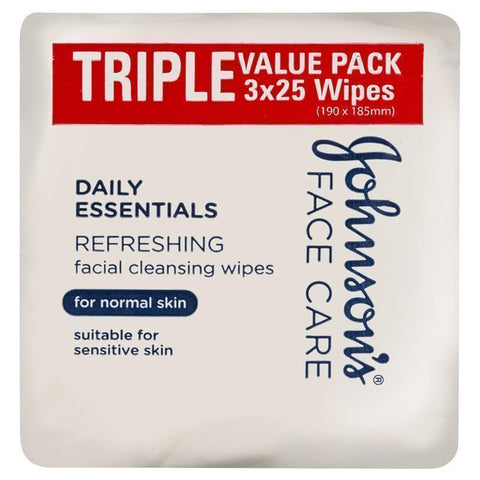 johnson's daily essentials facial cleansing wipes normal skin 3 x 25 pack