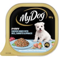 my dog puppy wet dog food chicken, rice, carrot & spnch 100g