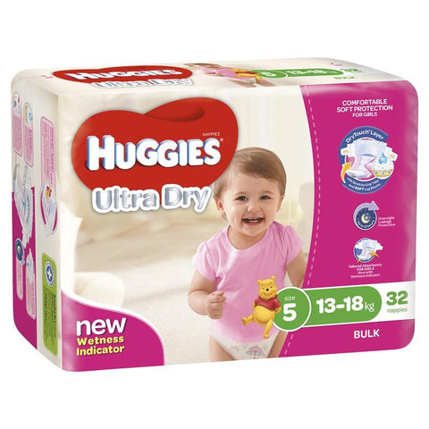 huggies ultra dry nappies size 5 girl 13-18kg bulk 32 pack