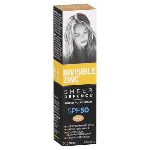invisible zinc spf 50+ sheer defence tinted moisturiser light 50g