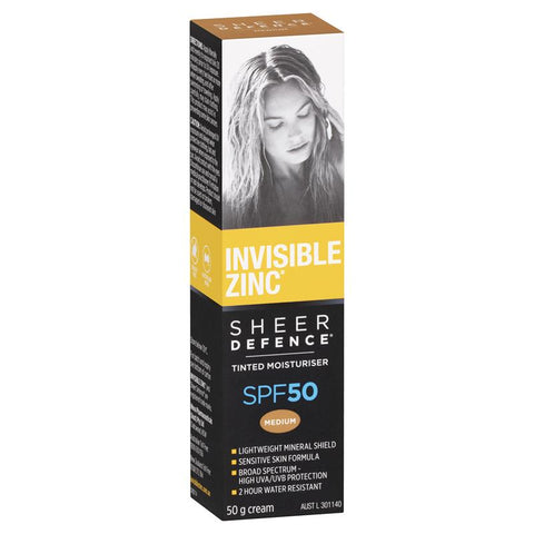 invisible zinc spf 50+ sheer defence tinted moisturiser medium 50g