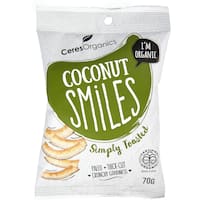 ceres organics coconut smiles snack bites simply toasted 70g