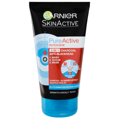 Garnier Pure Active Charcoal 3 In 1 Anti-Blackhead Wash Scrub & Mask 150ml