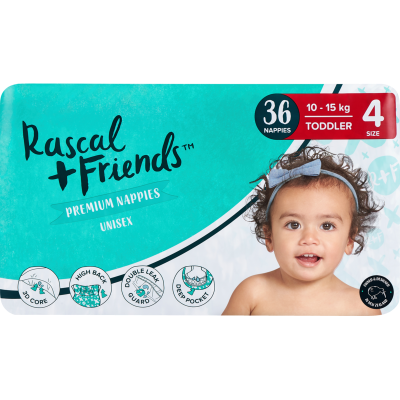 Rascal and Friends Premium Nappies Unisex 10-15kg Toddler 36pk –