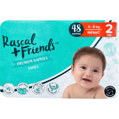 Rascal and Friends Premium Nappies Unisex 4-8kg Infant 48pk