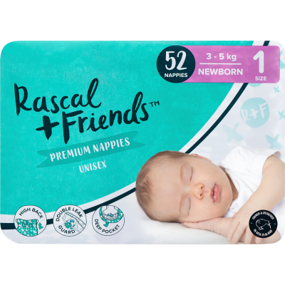 Rascal and Friends Premium Nappies Unisex 3-5kg Newborn 52ea
