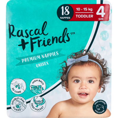 Rascal and Friends Premium Nappies Unisex 10-15kg Toddler 18PK