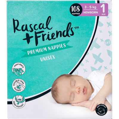 Rascal and Friends Premium Nappies Unisex 3-5kg Newborn 108pk