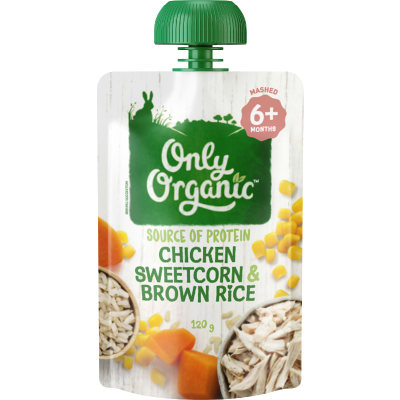 Only Organic Chicken Sweetcorn & Brown Rice 6+ Months Baby Food 120g