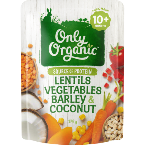 Only Organic Lentils Vegetables Barley & Coconut 10+ Months Fork Mash 170g