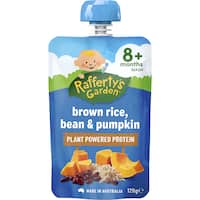 raffertys garden plant protein baby food brown rice, bean & pumpkin 120g