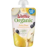 wattie's organic stage 1 baby food 4-6+ months juicy pear banana blueberry 120g