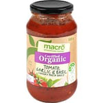 macro organic pasta sauce tomato, garlic & basil 500g