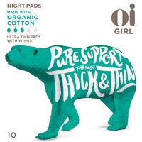 oi girl organic cotton ultra thin pads night 10 pack