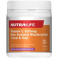 nutra-life vit c 500mg black currant acai & goji chews 200 tablets