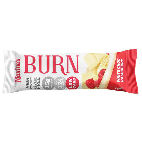 maxines burn bar white choc raspberry 40g