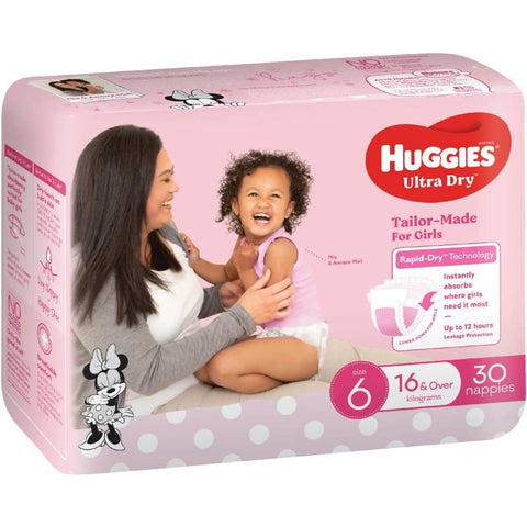huggies ultra dry nappies size 6 girl 16kg+ bulk 30 pack