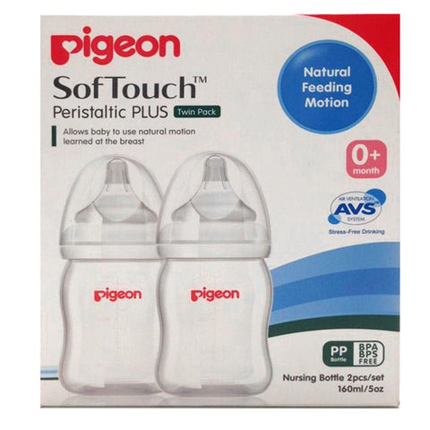 Pigeon SofTouch Peristaltic Plus Wide Neck Nursing Bottles Twin Pack PP 160ml SS