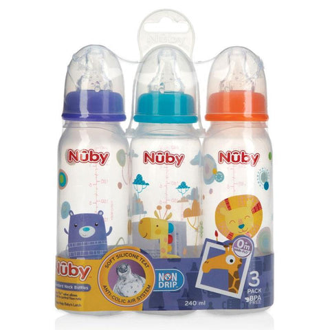 nuby printed non drip feeding bottles 240ml 0+ months 3 pack