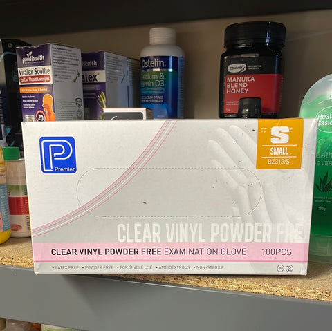 Premier clear vinyl powder free examination glove 100s Small