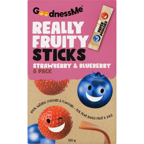 goodness me really fruity fruit sticks strawberry & blueberry 120g